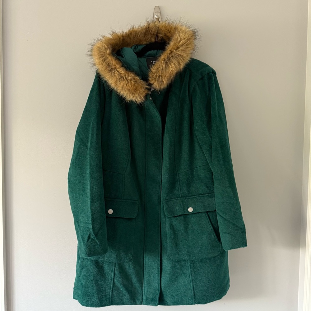 NWT Torrid Green Coat with Faux Fur Trim